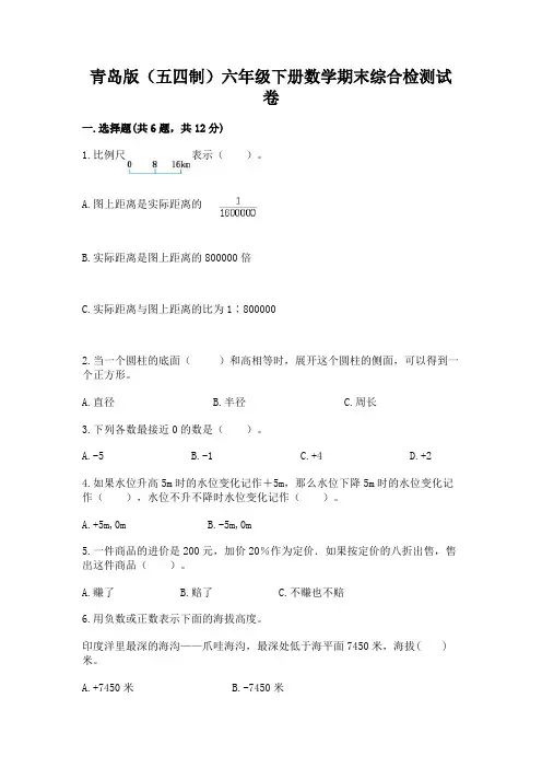 青岛版(五四制)六年级下册数学期末综合检测试卷及参考答案【满分必刷】