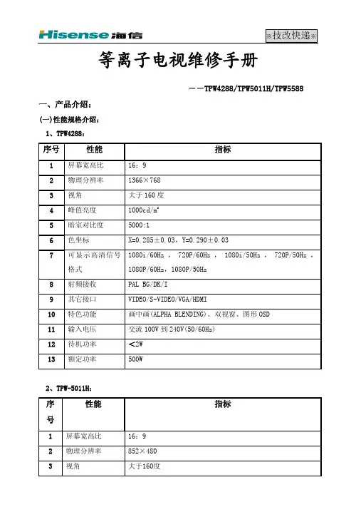 海信TPW5588等离子彩电维修手册