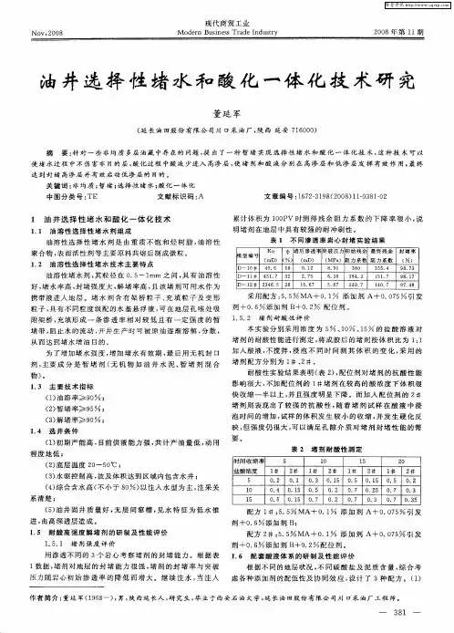 油井选择性堵水和酸化一体化技术研究