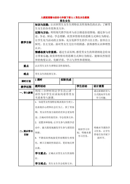 人教版道德与法治七年级下册2.1男生女生教案