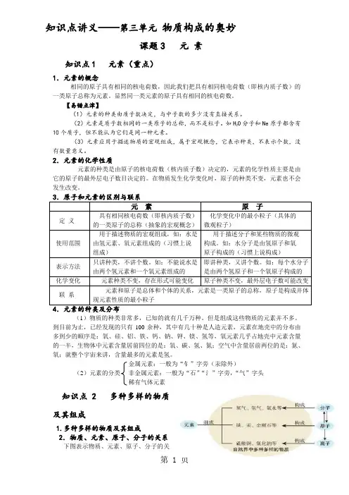 人教版 化学 九年级上册 3.3元素 知识点讲义(无答案)-教育文档