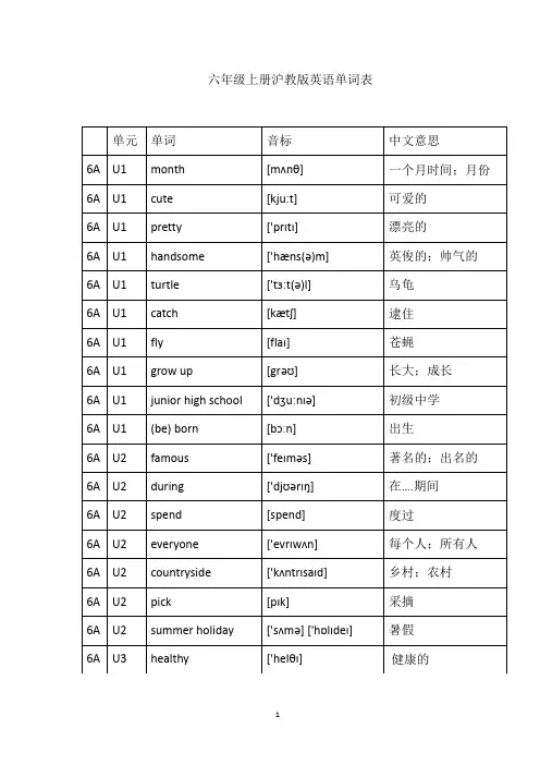 六年级上册沪教版英语单词表