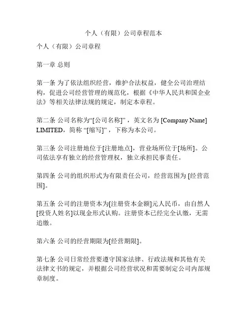 个人(有限)公司章程范本