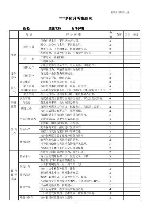幼儿园教师月考核表表
