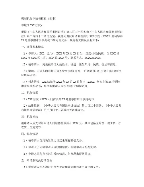 强制执行申请书模板刑事