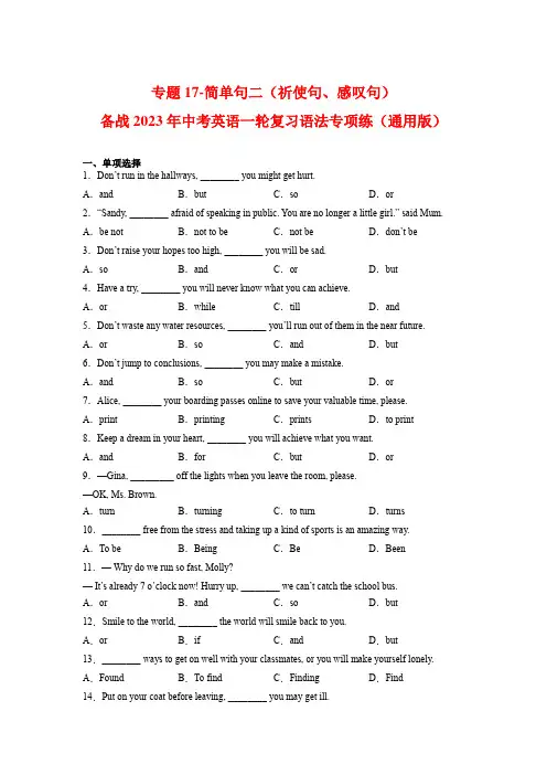 专题17-简单句二(祈使句、感叹句)-备战2023年中考英语一轮复习语法专项练(通用版)(原卷版)