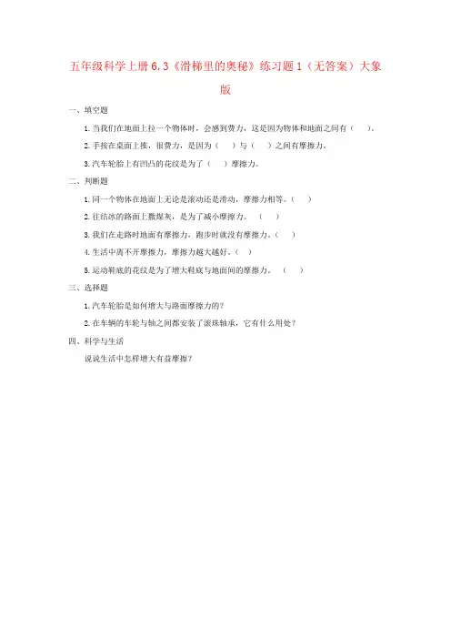 五年级科学上册6.3《滑梯里的奥秘》练习题1(无答案)大象版