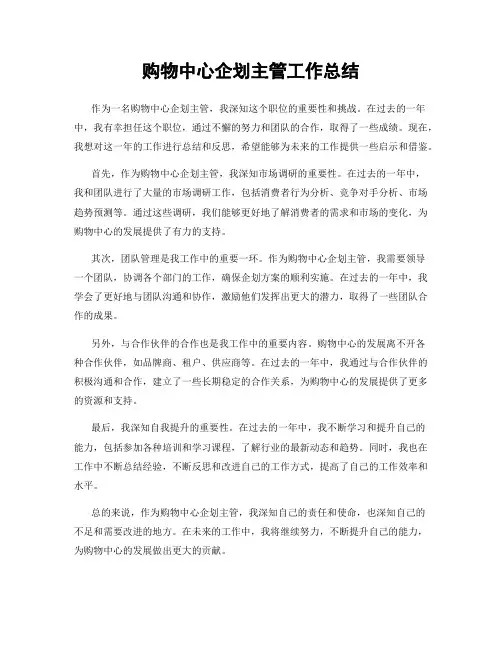 购物中心企划主管工作总结