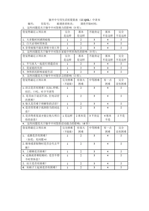 脑卒中专用生活质量量表