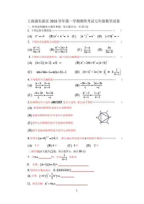 上海浦东新区2018学年第一学期期终考试七年级数学试卷