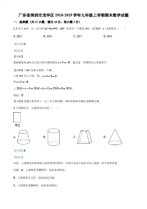 广东省深圳市龙华区2018-2019学年九年级上学期期末数学试题(解析版)