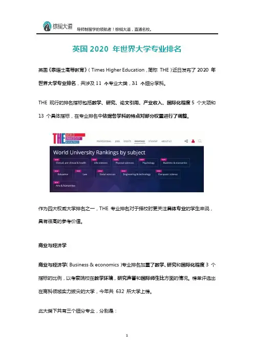 英国2020 年世界大学专业排名