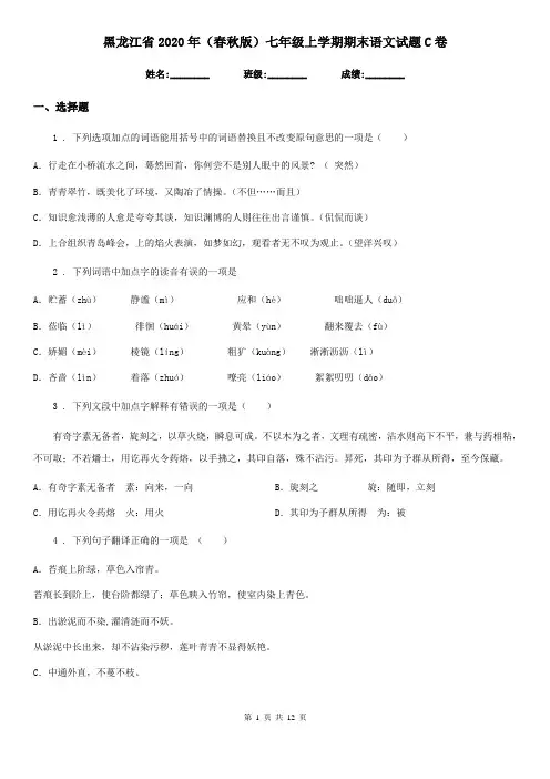 黑龙江省2020年(春秋版)七年级上学期期末语文试题C卷