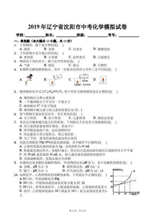 2019年辽宁省沈阳市中考化学模拟试卷及答案