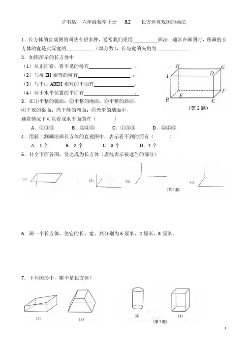 沪教版 六年级数学下册 第八章 8.2 长方体直观图的画法