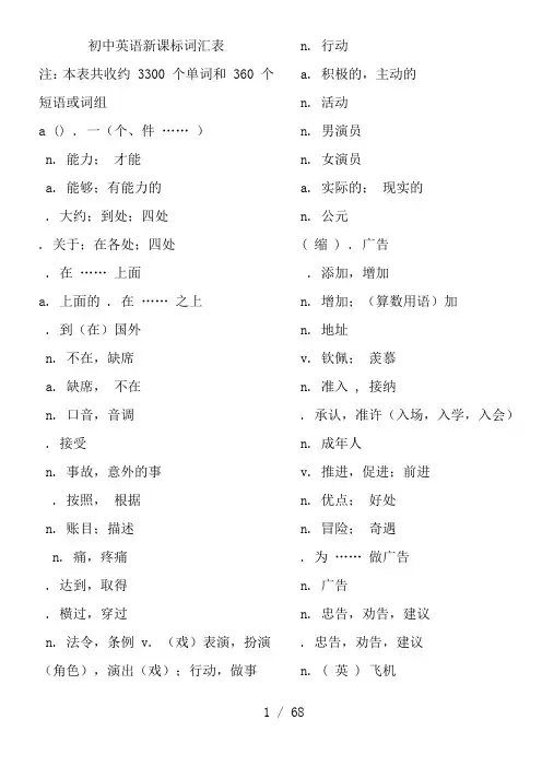 初中英语新课标词汇表1600
