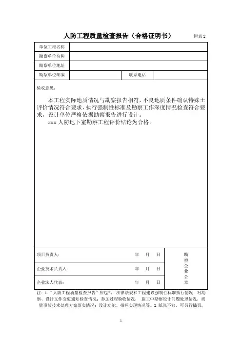 (勘察单位)人防工程质量检查报告(