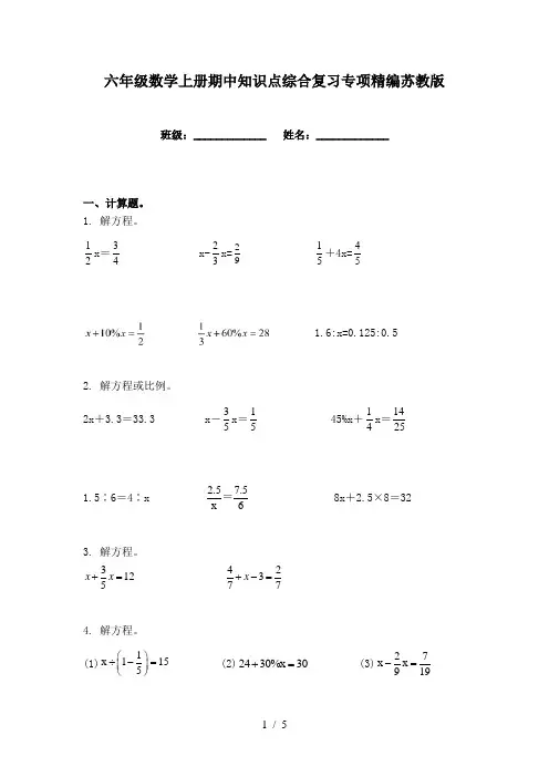 六年级数学上册期中知识点综合复习专项精编苏教版