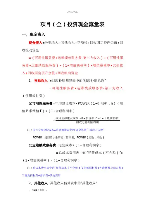 PPP项目财务测算公式汇总