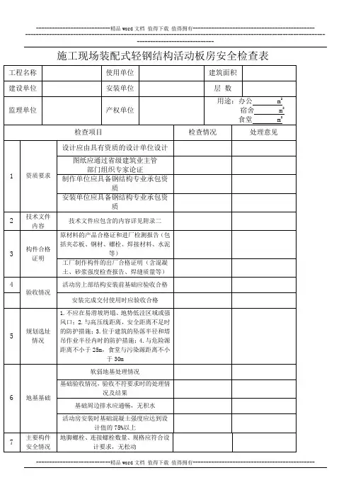 施工现活动板房安全检查表