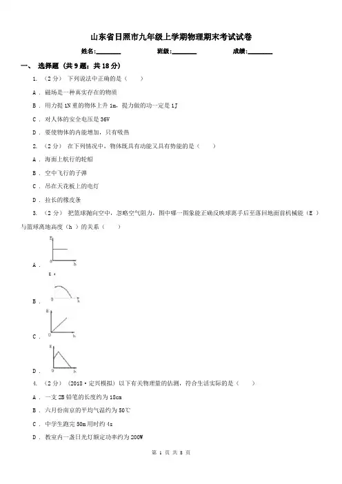 山东省日照市九年级上学期物理期末考试试卷