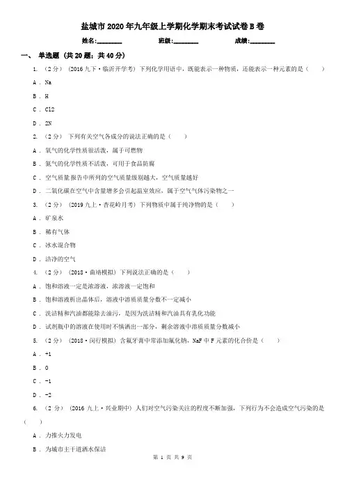 盐城市2020年九年级上学期化学期末考试试卷B卷