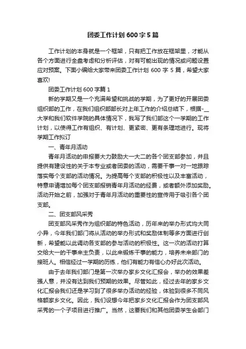 团委工作计划600字5篇
