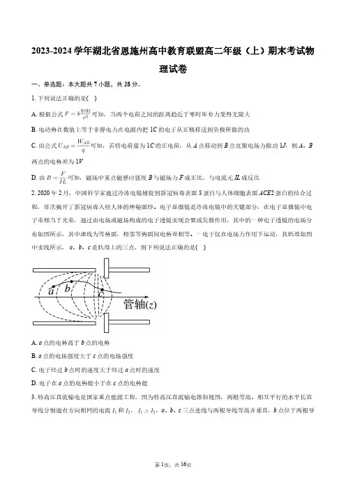 2023-2024学年湖北省恩施州高中教育联盟高二年级(上)期末考试物理试卷+答案解析