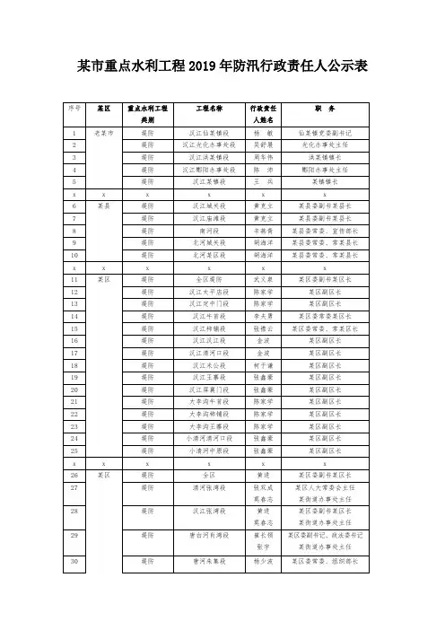 市重点水利工程2019年防汛行政责任人公示表【表格模板】