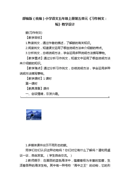 部编版（统编）小学语文五年级上册第五单元《习作例文：鲸》教学设计