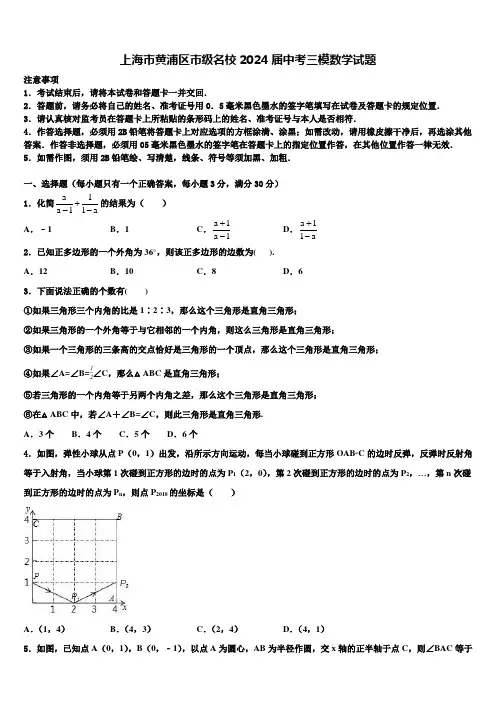 上海市黄浦区市级名校2024届中考三模数学试题含解析