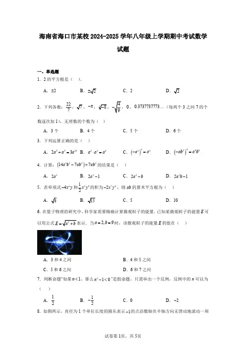 海南省海口市某校2024-2025学年八年级上学期期中考试数学试题