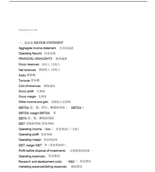 财务报表各项目中英文对照