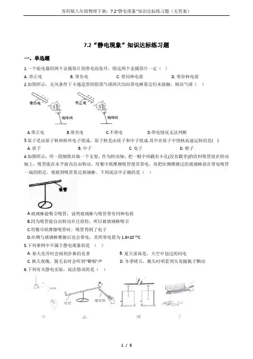 苏科版八年级物理下册：7.2“静电现象”知识达标练习题(无答案)