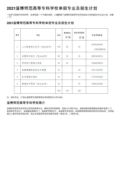 2021淄博师范高等专科学校单招专业及招生计划