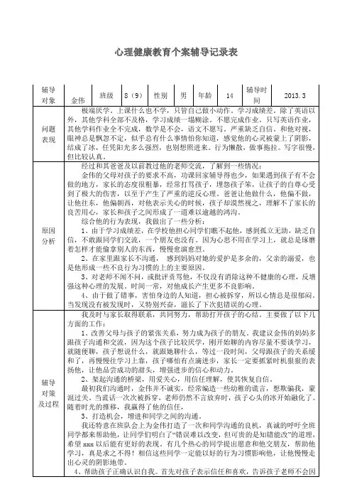 心理健康教育个案辅导记录表