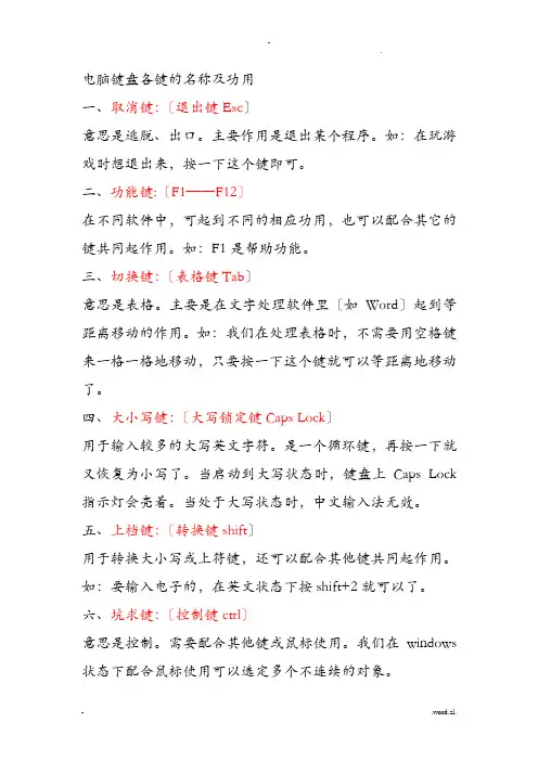 电脑键盘各键的名称及功用