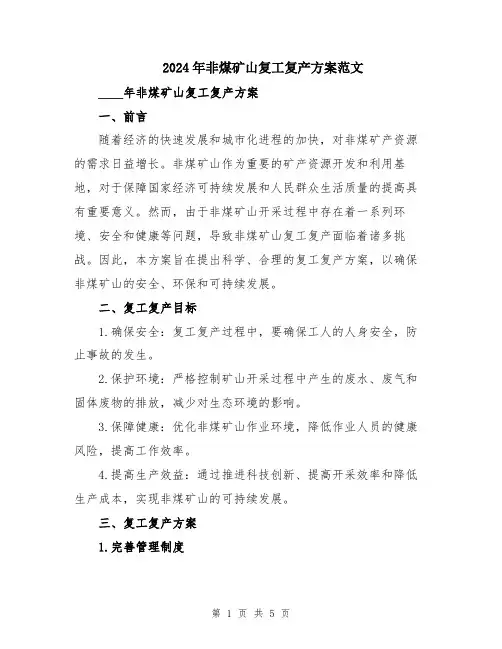 2024年非煤矿山复工复产方案范文