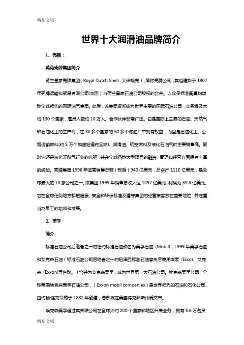 [精选]世界十大润滑油品牌简介资料