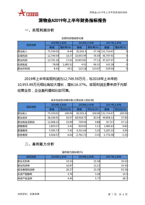 深物业A2019年上半年财务指标报告