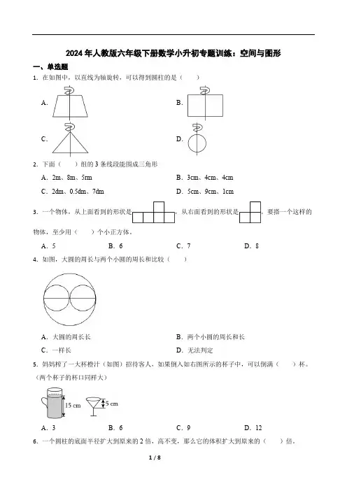 2024年人教版六年级下册数学小升初专题训练：空间与图形(含答案)