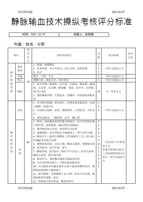 静脉输血技术操作考核评分标准之欧阳物创编