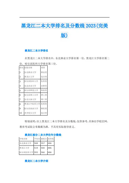 黑龙江二本大学排名及分数线2023(完美版)