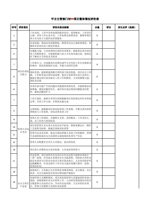 年终对项目整体情况评价表(绩效考评)