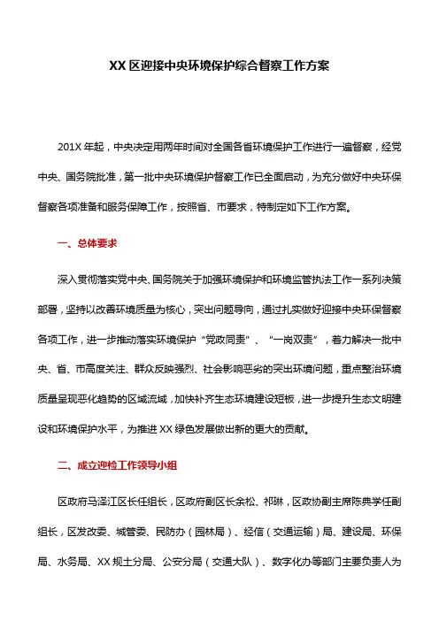 工作方案：XX区迎接中央环境保护综合督察工作方案