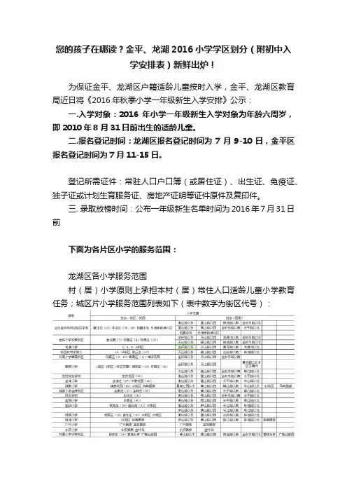 您的孩子在哪读？金平、龙湖2016小学学区划分（附初中入学安排表）新鲜出炉！