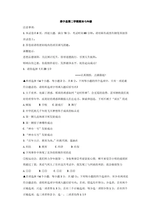 2023河南省洛阳市洛宁县七年级下学期期末考试道德与法治试题