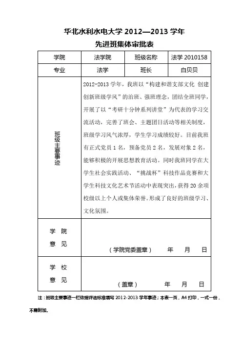 先进班集体审批表