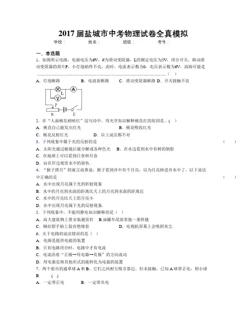2017届盐城市中考物理试卷全真模拟