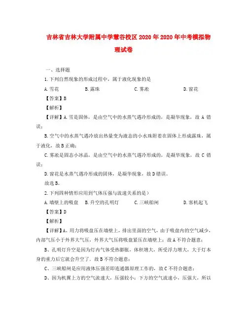 吉林省吉林大学附属中学慧谷校区2020年2020年中考模拟物理试卷(含解析)